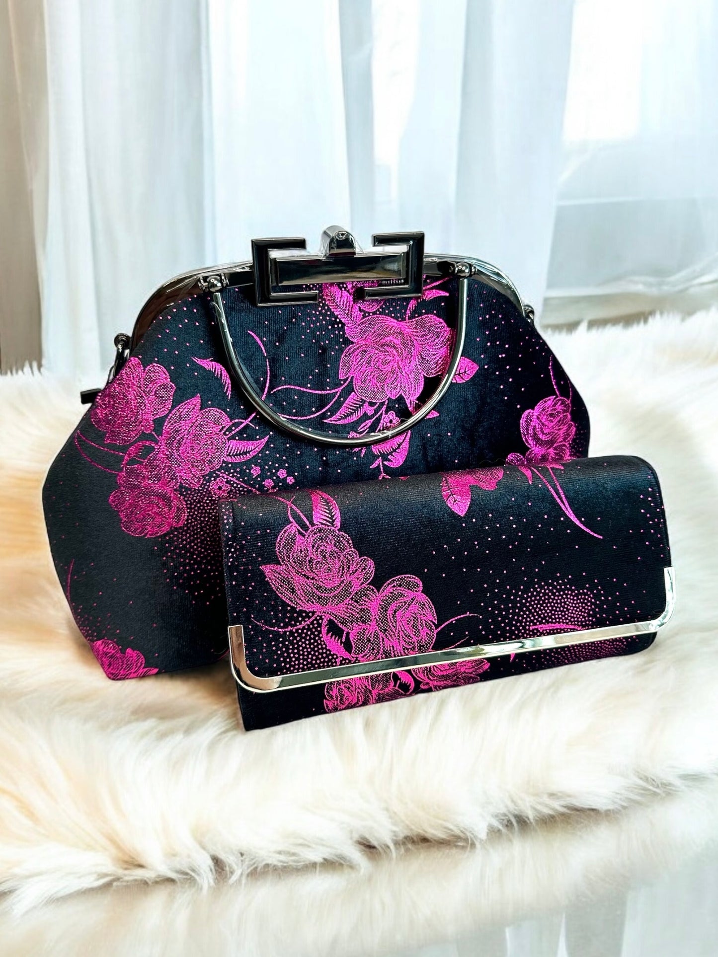 Velvet Handbag Set - Metallic Magenta