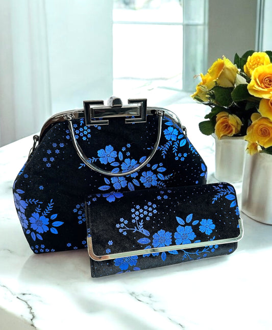 Velvet Handbag Set - Metallic Blue Floral