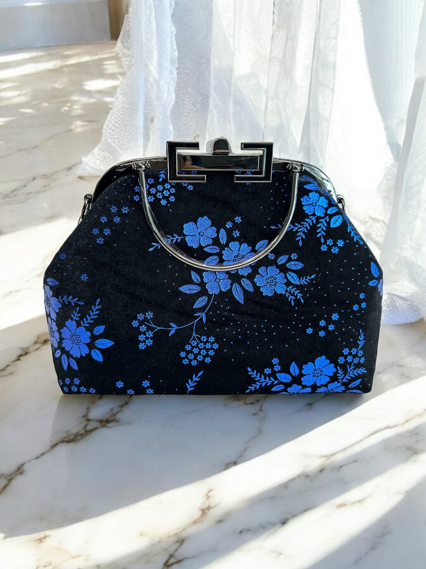 Velvet Handbag Set - Metallic Blue Floral