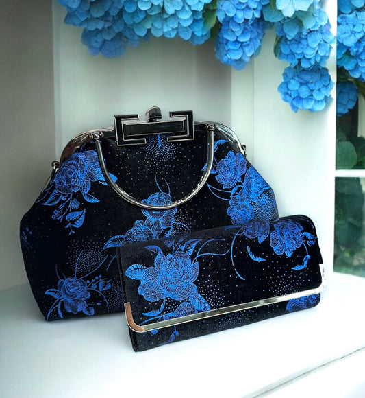 Velvet Handbag Set - Metallic Blue