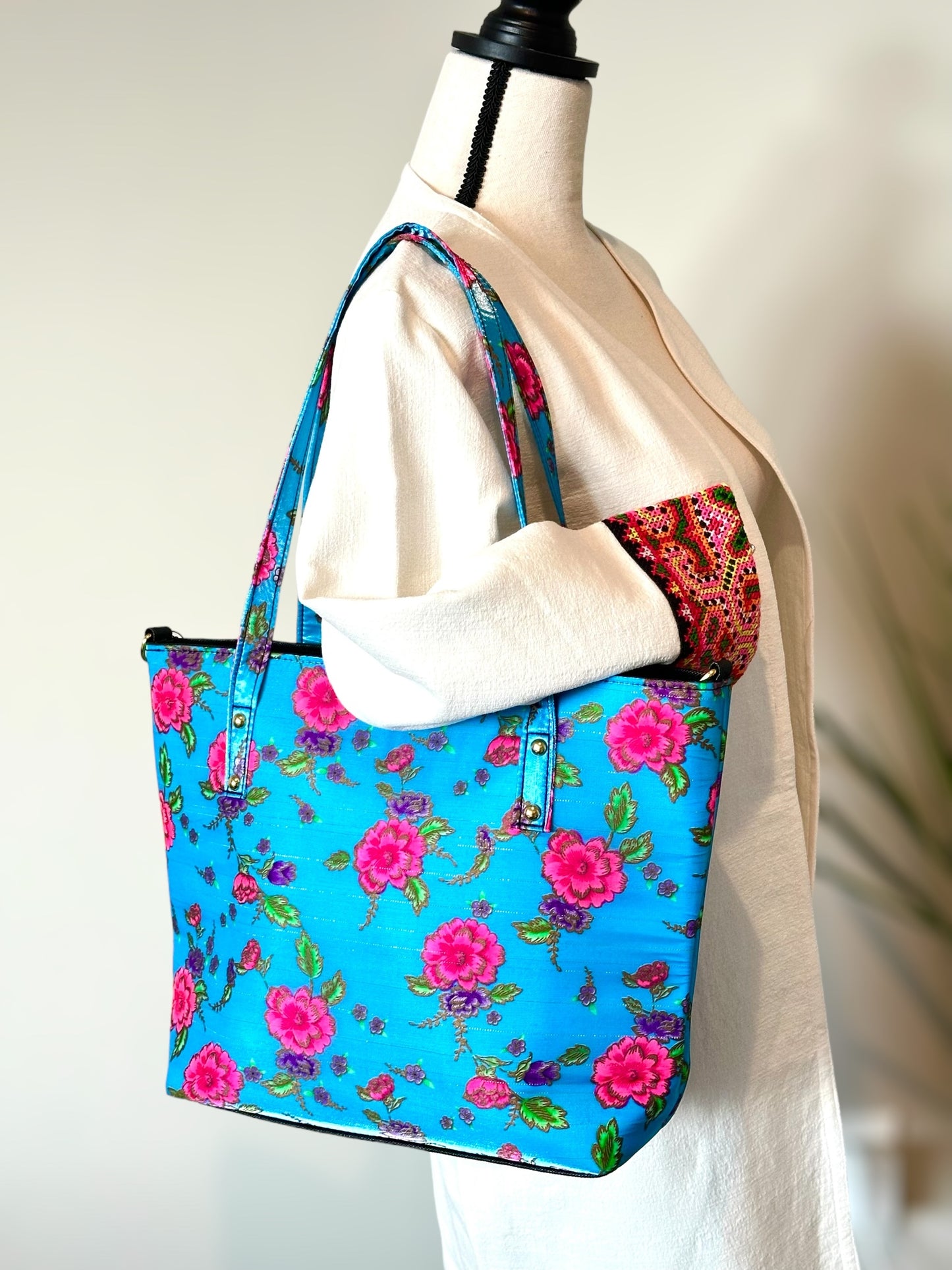 Vintage Lis Loos Tote (Blue/Pink Floral)